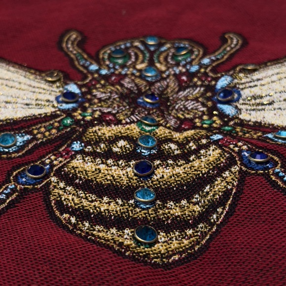 Embellished Bee Floral Tapestry Tote Bag Burgundy Gold Sparkle Shoulder Bag‎ - Picture 2 of 12